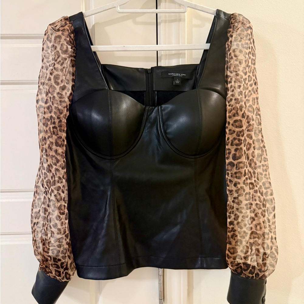 Marc New York Black Faux Leather Top with Animal Print Sleeves